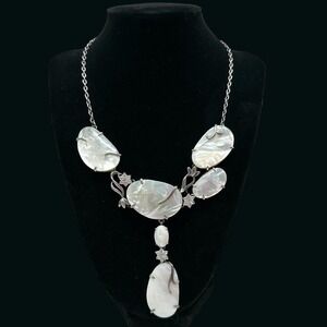 Mother of Pearl Modernist Necklace Sterling Y-Drop Mid Century Artisan 20-22"